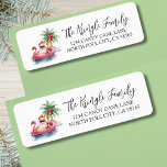 Tropisch Kerstman Kerst Retouradres Etiket<br><div class="desc">Tropisch Kerstmis Retouradreslabel. Dit feestelijke retouradreslabel toont een ontspannen Kerstman die lui in een roze flamingodrijver ligt, omringd door tropische kerst details zoals een palmboom versierd met kerstversiering, zachte oceaan golven en een klein eiland op de achtergrond. Het charmante watercolor kunstwerk staat links, terwijl uw naam en adres rechts in...</div>