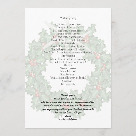 Tropisch Kerstmis Huwelijksprogramma Zeester Hulst Programmakaart (Achterkant)