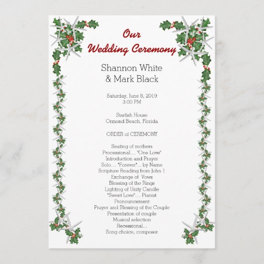 Tropisch Kerstmis Huwelijksprogramma Zeester Hulst Programmakaart (Voorkant)