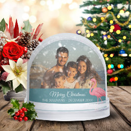 Tropisch Kerstmis Roze Flamingo Familie Foto Sneeuwbol