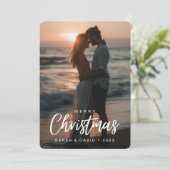 Tropisch kerstpaar strand zonsondergang foto feestdagenkaart (Staand voorkant)