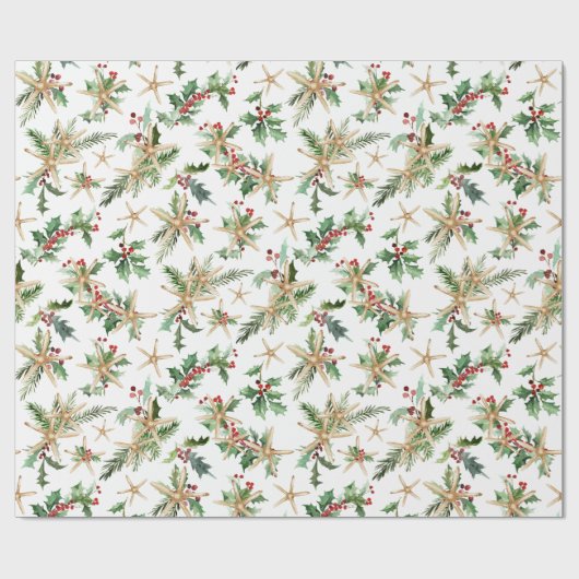 Tropisch kerststrand Starfish and Holly Cadeaupapier (Vlak)