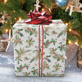 Tropisch kerststrand Starfish and Holly Cadeaupapier