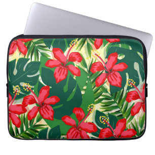 Tropisch kleurig oerwoud hibiscus rood en groen laptop sleeve
