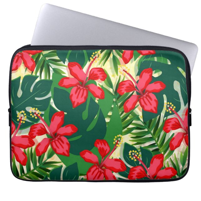 Tropisch kleurig oerwoud hibiscus rood en groen laptop sleeve (Voorkant)
