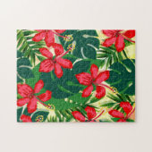Tropisch kleurig oerwoud hibiscus rood en groen legpuzzel (Horizontaal)