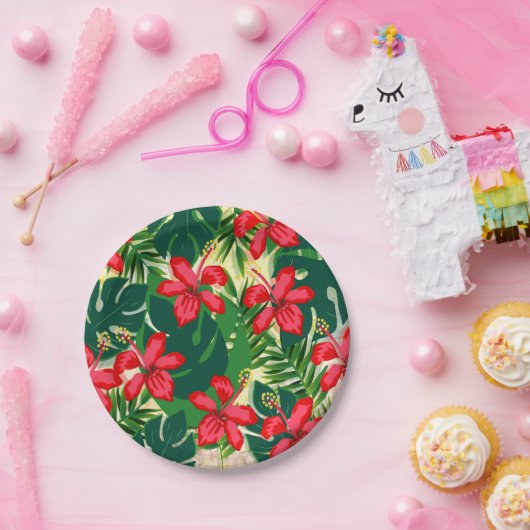 Tropisch kleurig oerwoud hibiscus rood en groen papieren bordje (Feest)