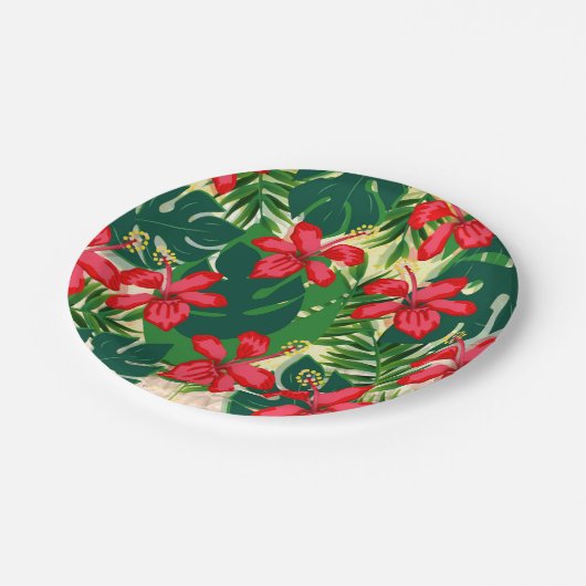 Tropisch kleurig oerwoud hibiscus rood en groen papieren bordje (Gekanteld)