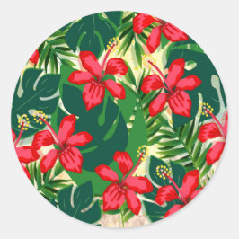 Tropisch kleurig oerwoud hibiscus rood en groen ronde sticker