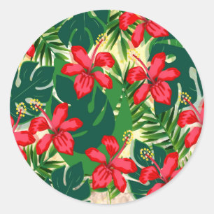 Tropisch kleurig oerwoud hibiscus rood en groen ronde sticker