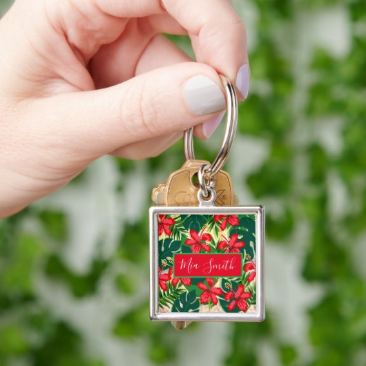 Tropisch kleurig oerwoud hibiscus rood en groen sleutelhanger (Hand)