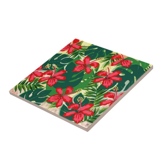 Tropisch kleurig oerwoud hibiscus rood en groen tegeltje (Zijkant)