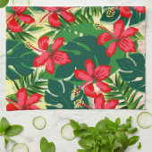 Tropisch kleurig oerwoud hibiscus rood en groen theedoek (Gevouwen)