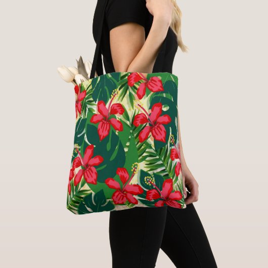 Tropisch kleurig oerwoud hibiscus rood en groen tote bag (Dichtbij)