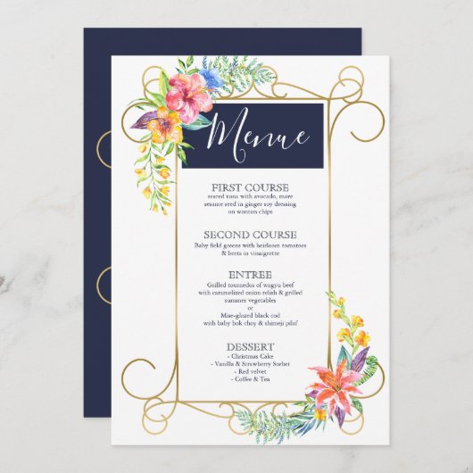 Tropisch kleurrijk bloemen goudLijst Menu (Voorkant / Achterkant)
