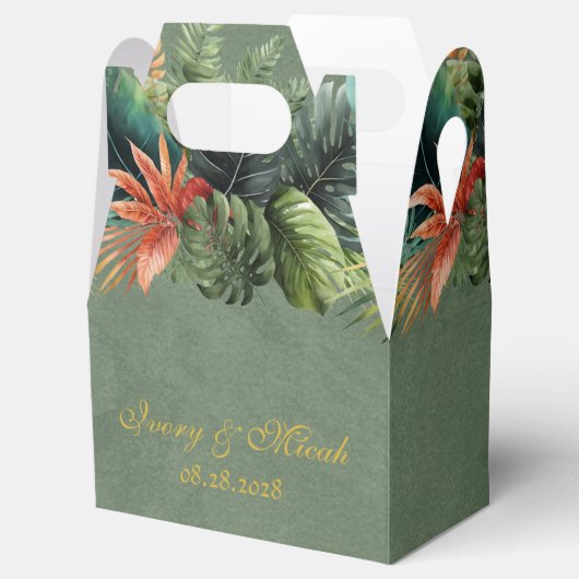 Tropisch kleurrijk palm laat gouden bruiloft op ma bedankdoosjes (Geopend)