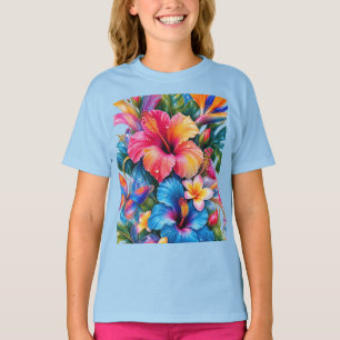 Tropisch Kleurrijke Hibiscus Bloemmotief Meisjes T T-shirt