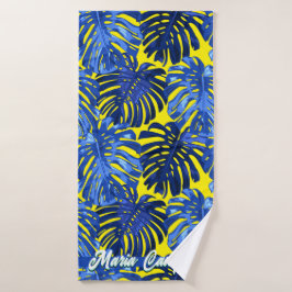 Tropisch koningsblauw geel Monstera verlaat naam Bad Handdoek