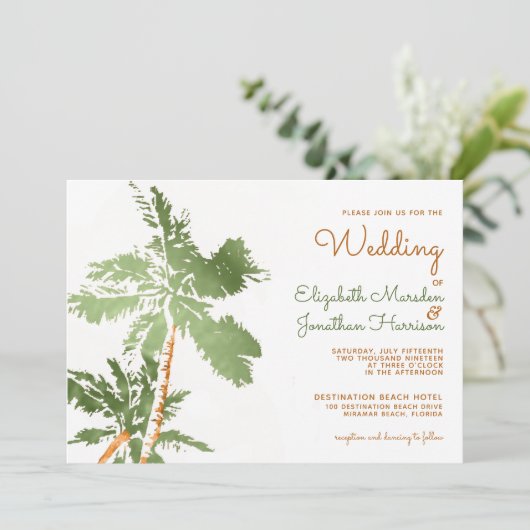 Tropisch koperpalm Trees legant Beach Wedding Kaart (Staand voorkant)
