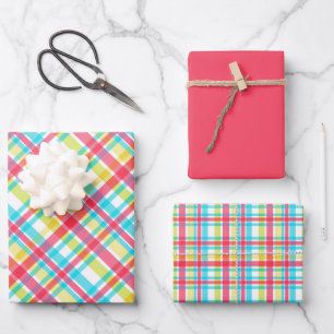 Tropisch - Koraal, Blauw, Chartreuse, Geel Plaid Inpakpapier Vel