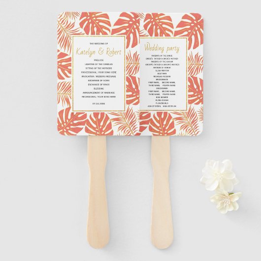 Tropisch koraal en goudblaadjes trouwprogramma handwaaier (Voorkant en achterkant)