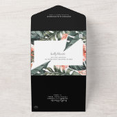 Tropisch koraal | Monstera Palm Black Wedding All In One Uitnodiging (Buitenkant)