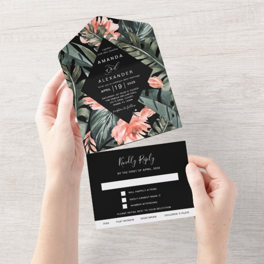 Tropisch koraal | Monstera Palm Black Wedding All In One Uitnodiging (Afscheurbaar)