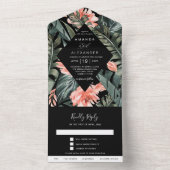 Tropisch koraal | Monstera Palm Black Wedding All In One Uitnodiging (Binnen)