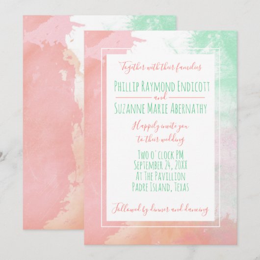 Tropisch koraal Neo Mint Waterverf Weddenschap Kaart (Voorkant / Achterkant)