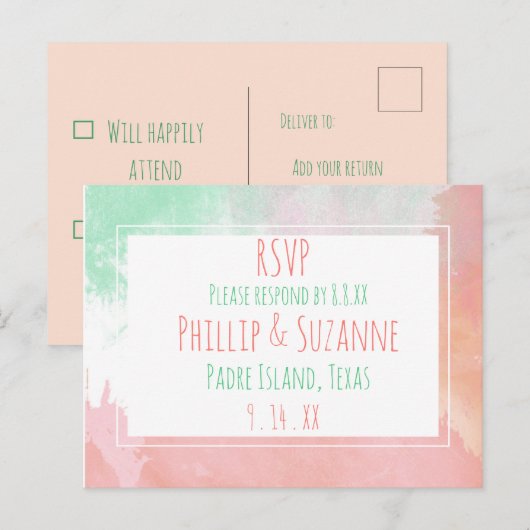 Tropisch koraal Neo Mint Waterverf Weddenschap RSV Aankondigingskaart (Voorkant / Achterkant)