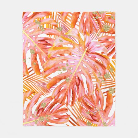 Tropisch koraal Roos Gold Leaf Pattern Gold Glitte Fleece Deken (Voorkant)