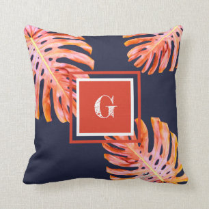 Tropisch koraal Roos Gold Oranje marinesblauw Kussen