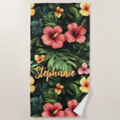 Tropisch Koraal Roze en Gele Hibiscus Bloemen Strandlaken (Voorkant)