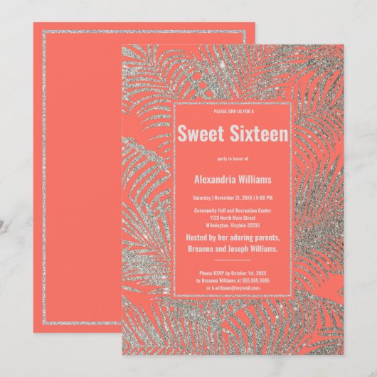 Tropisch koraal zilverglitter floral Sweet 16 Kaart (Voorkant / Achterkant)