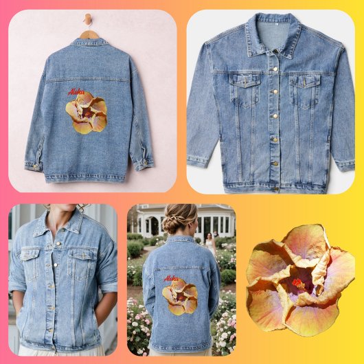 Tropisch koraalgeel Hibiscus Hawaiian Aloha Denim Jacket