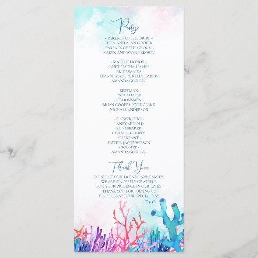 Tropisch koraalrif bruiloft programmakaart (Achterkant)