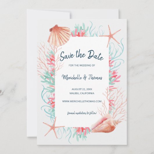 Tropisch koraalrif | Waterverf Beach Seashells Save The Date (Voorkant)