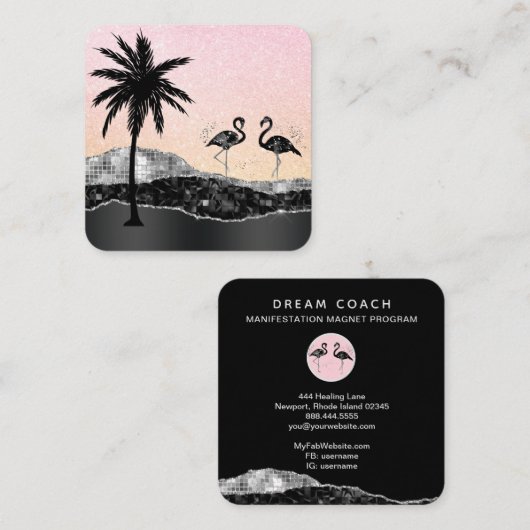 *~* Tropisch kristal Agate Palm Tree Flamingo Vierkante Visitekaartje (Voorkant / Achterkant)