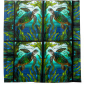 Tropisch Kustschildpad Zee Blauwgroen Glas in lood Douchegordijn (Voorkant)