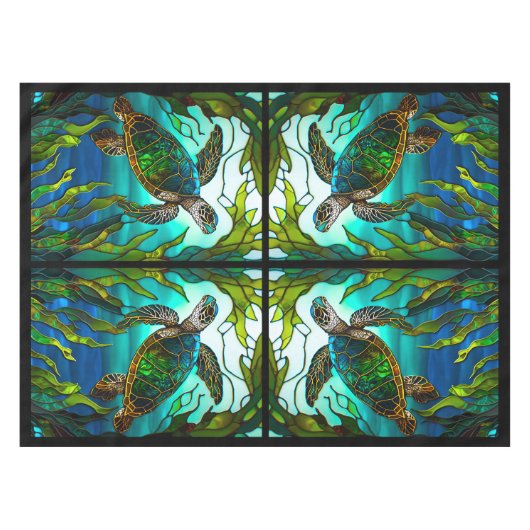Tropisch Kustschildpad Zee Blauwgroen Glas in lood Tafelkleed (Voorkant (Horizontaal))