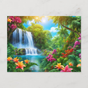 Tropisch landschap met bloemen, waterval briefkaart
