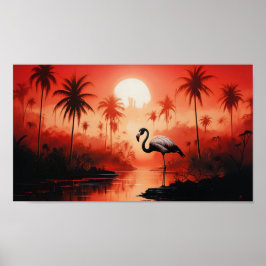 Tropisch landschap met een eenzame flamingo poster