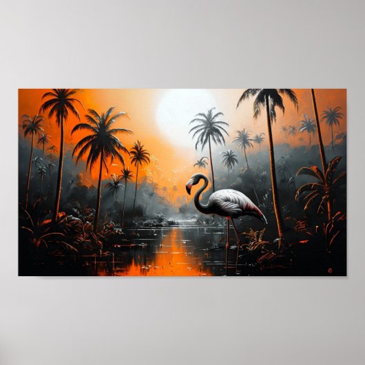 Tropisch landschap met flamingo onder een levendig poster (Voorkant)