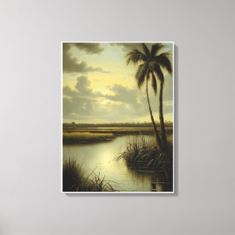 Tropisch landschap met palmboom en water canvas afdruk