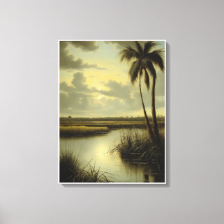 Tropisch landschap met palmboom en water canvas afdruk