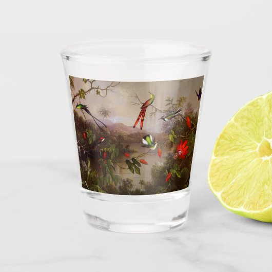 Tropisch landschap met tien kolibries kop shot glas (Voorkant)