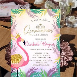 Tropisch Leaf Pink Flamingo Quinceañera Kaart