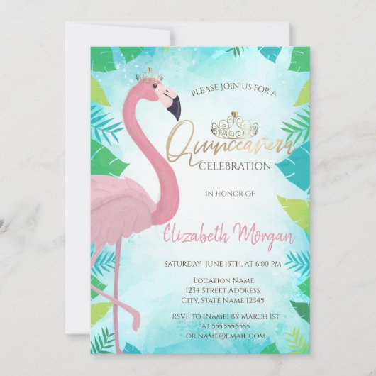 Tropisch Leaf Pink Flamingo Summer Quinceañera Kaart (Voorkant)