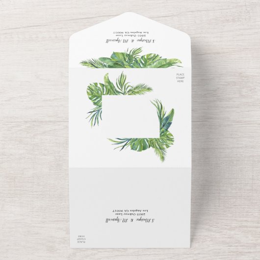 Tropisch lebpalmfeiershuwelijk all in one uitnodiging (Buitenkant)