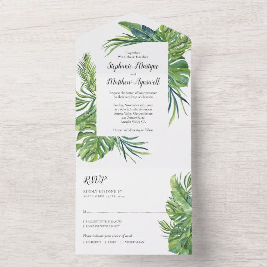 Tropisch lebpalmfeiershuwelijk all in one uitnodiging (Binnen)